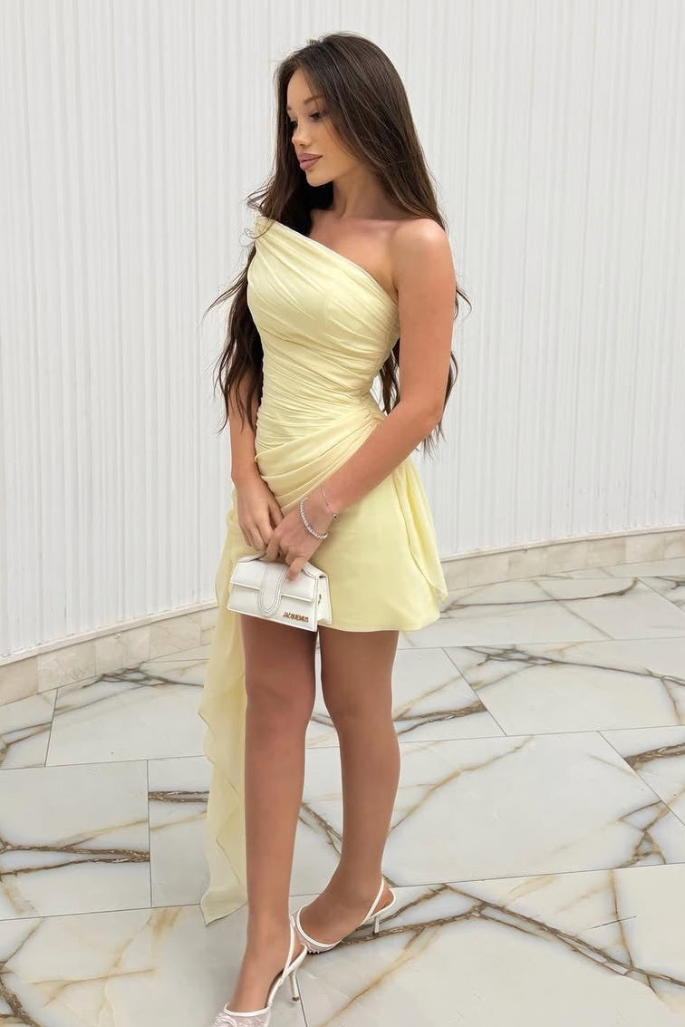 Ruched One-Shoulder Mini Dress with Side Drape