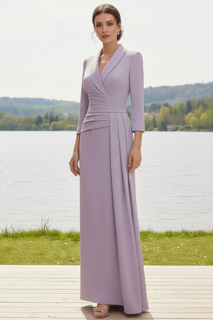 Lavender Wrap V-Neck 3/4 Sleeve Floor-Length Mother of the Bride Dress with Pleated Waist