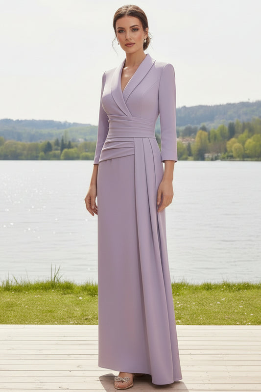 Lavender Wrap V-Neck 3/4 Sleeve Floor-Length Mother of the Bride Dress with Pleated Waist