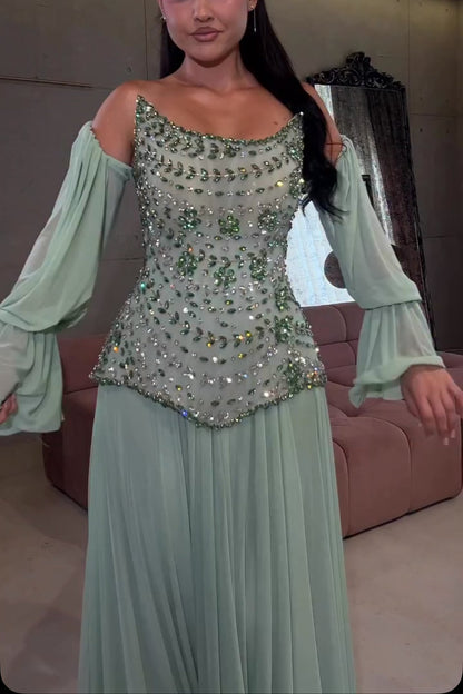 Beaded Corset Evening Gown with Draped Sleeves