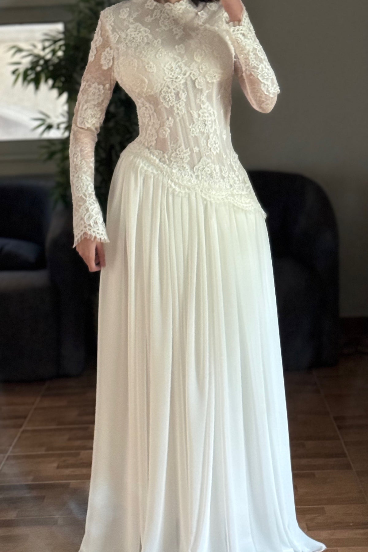 High Neck Lace Long Sleeve Asymmetrical Wedding Dress