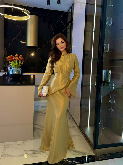 Asymmetrical Peplum Long Sleeve Maxi Evening Gown