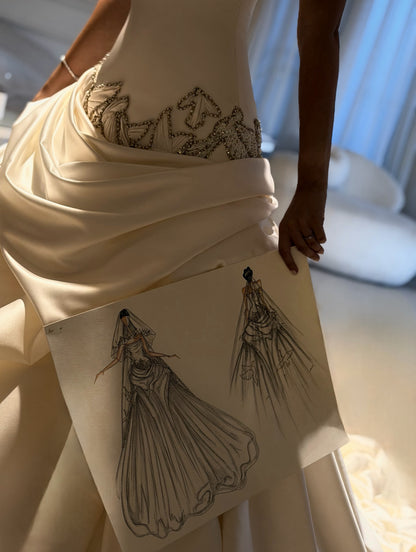 Strapless Satin Ball Gown Wedding Dress with Pick-Up Skirt