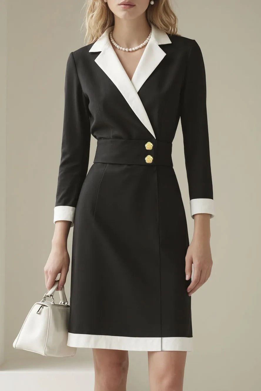 Lapel Collar Wrap Dress with Wide Waistband