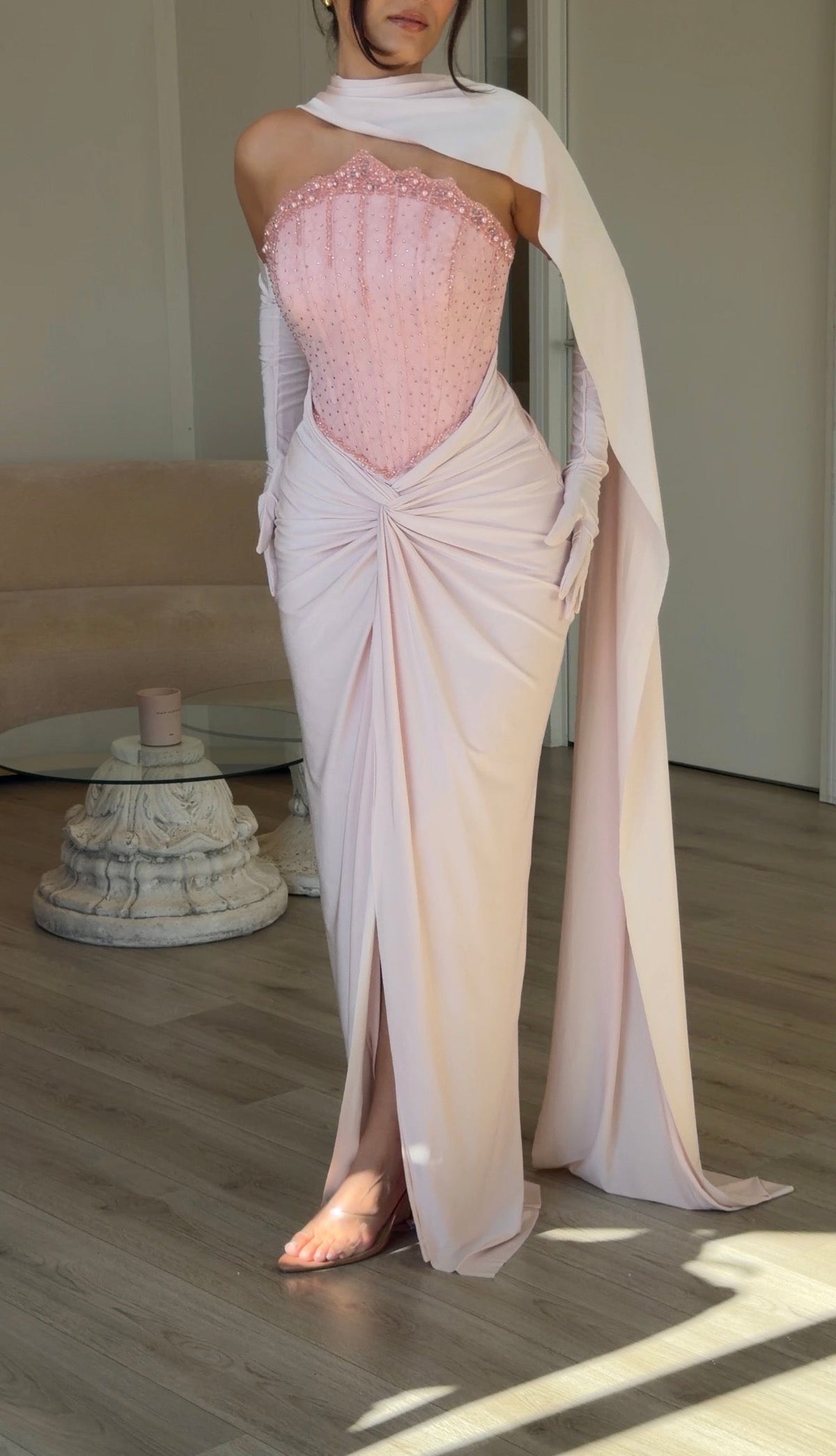 Corset Evening Gown with One-Shoulder Cape