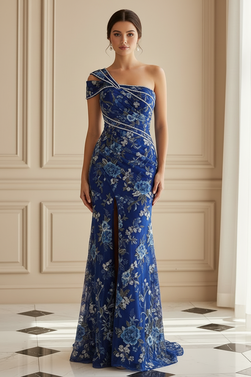 One-Shoulder Embroidered Evening Gown with High Slit