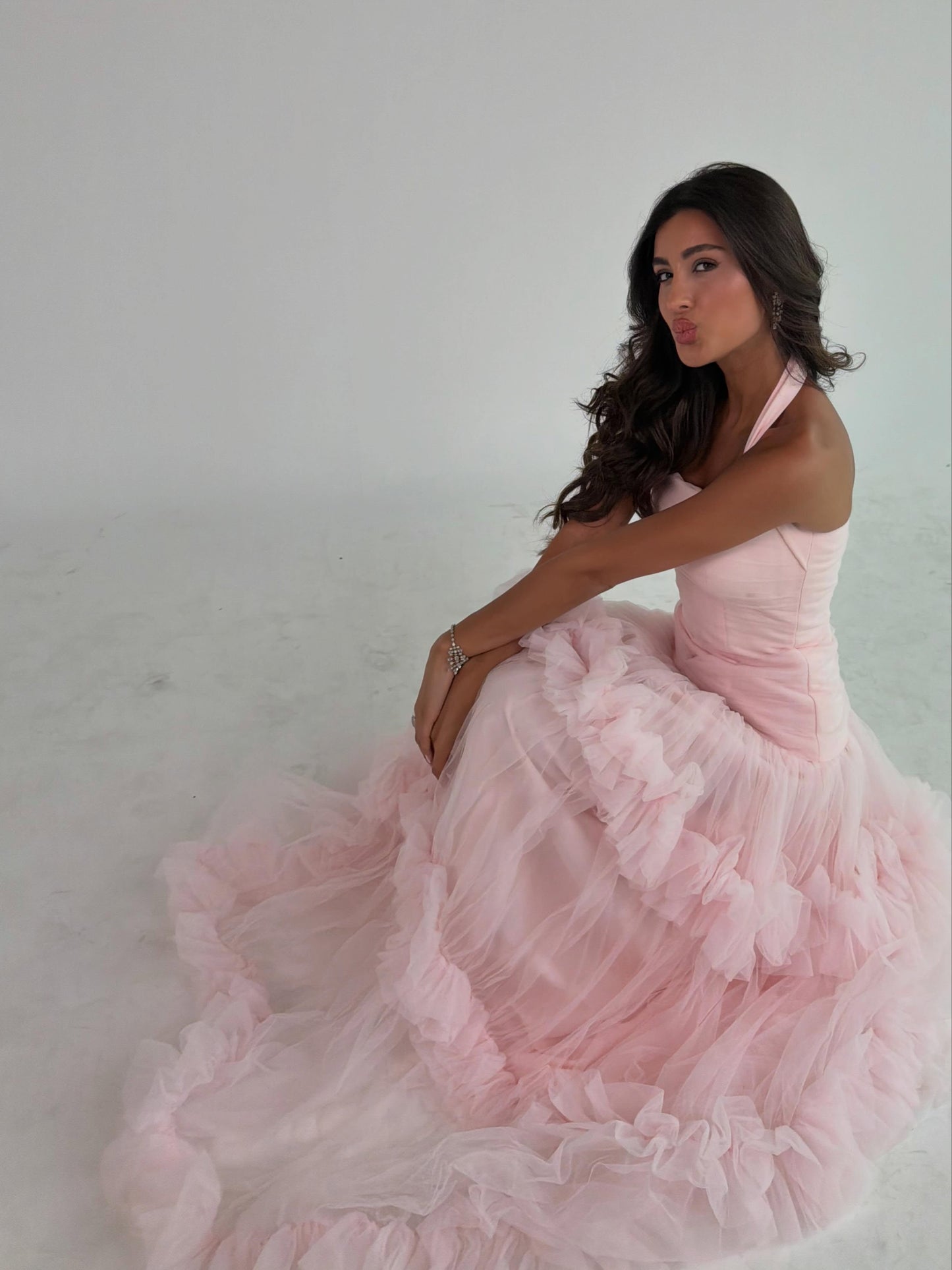 Tiered Tulle Ruffle Halter Evening Gown