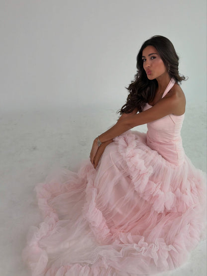 Tiered Tulle Ruffle Halter Evening Gown