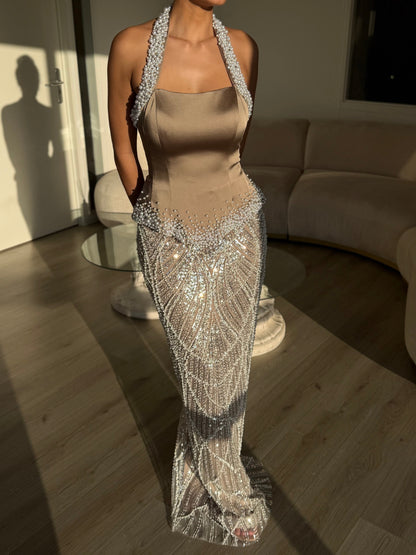 Pearl Halter Peplum Gown with Sequin Skirt
