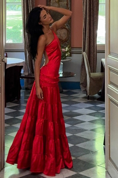 Asymmetrical One-Shoulder Tiered Satin Gown