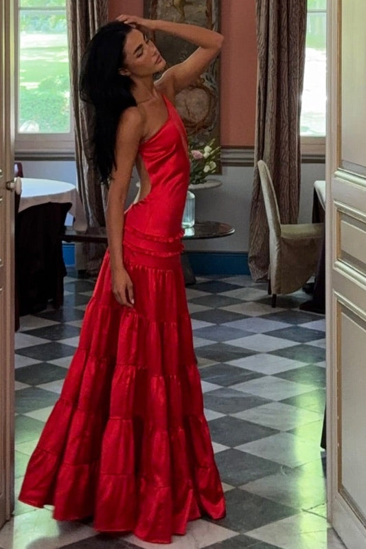 Asymmetrical One-Shoulder Tiered Satin Gown