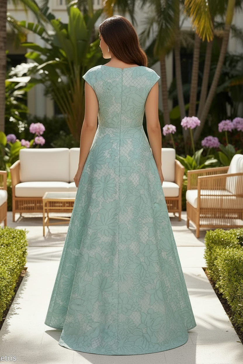 Jacquard A-Line Evening Gown with Wrap Neckline