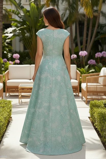 Jacquard A-Line Evening Gown with Wrap Neckline