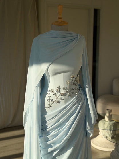Draped Cape Sleeve Gown with Beaded Waist Detail