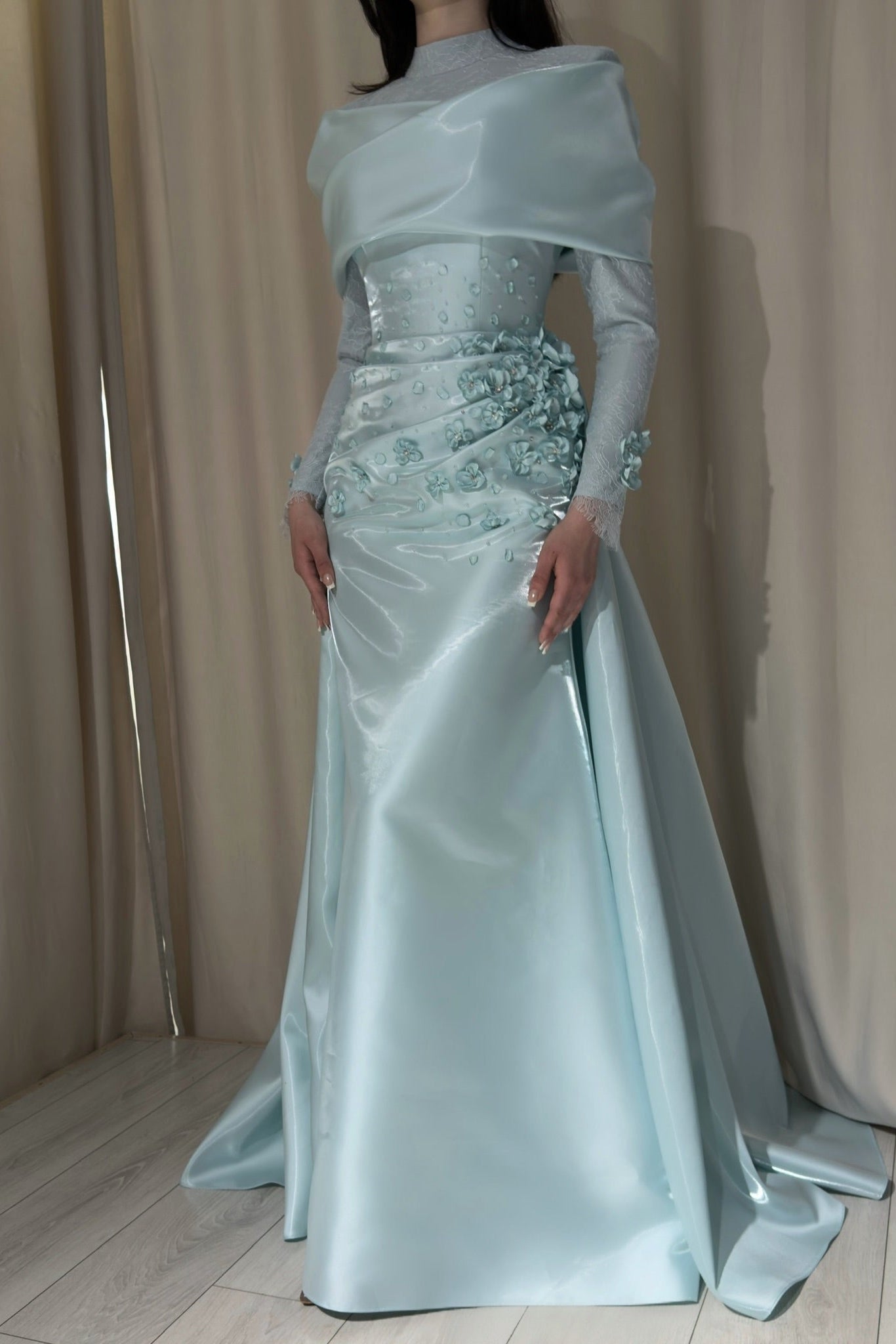 High-Neck Satin Gown with 3D Flowers and Shawl