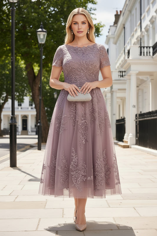 Lace Applique A-Line Tea-Length Dress