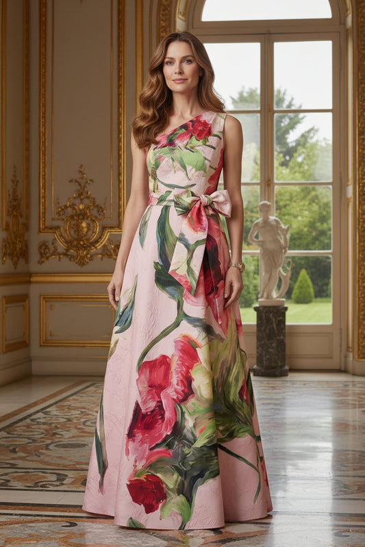 One-Shoulder Floral Print A-Line Gown with Bow