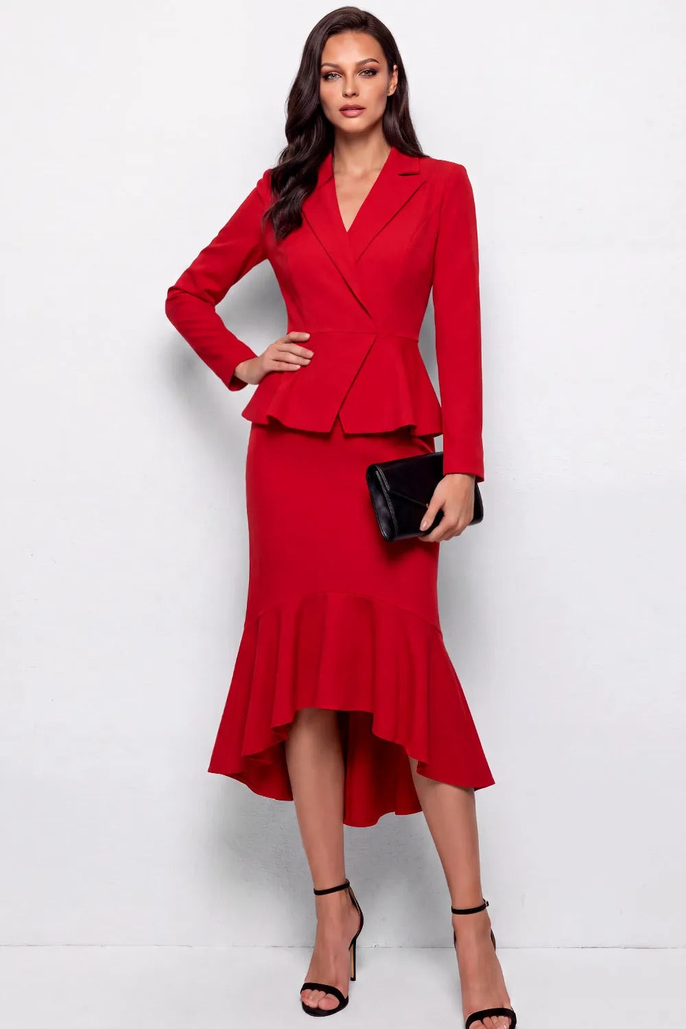 Peplum Blazer and Ruffled High-Low Midi Skirt Set