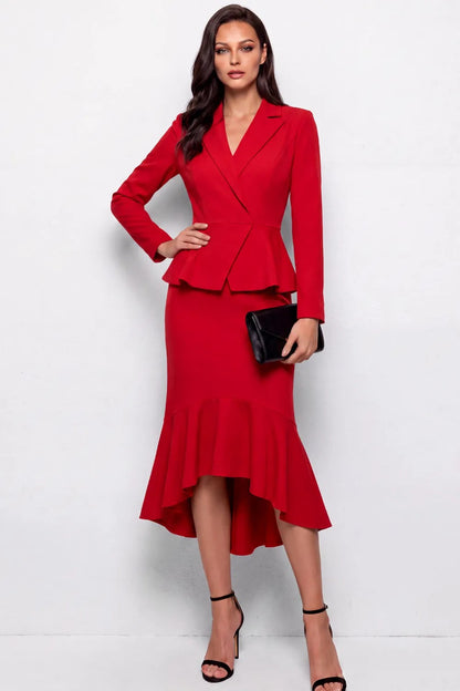 Peplum Blazer and Ruffled High-Low Midi Skirt Set
