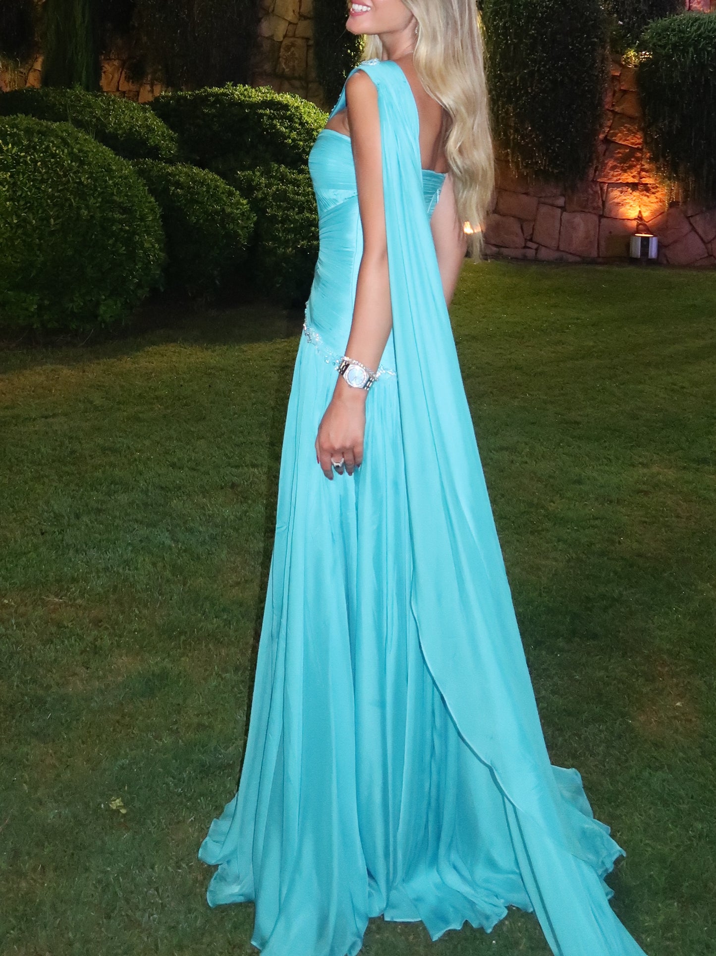 Asymmetric Pleated Chiffon Gown with Cape