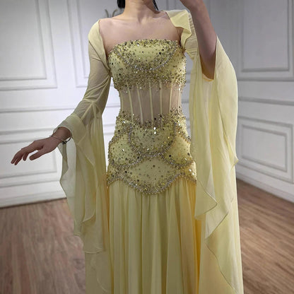 Embellished Corset Evening Gown with Bell Sleeve Jacket