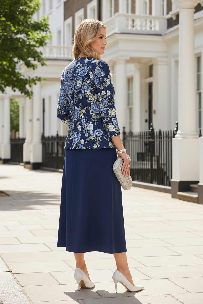 Two-Piece Floral Jacquard Jacket & Midi Skirt Set