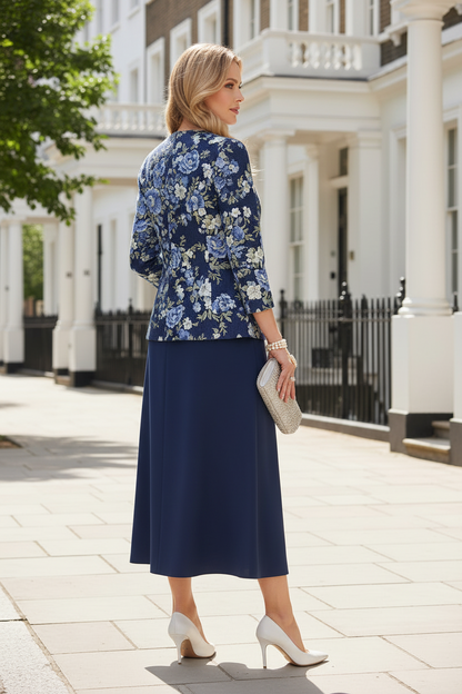 Two-Piece Floral Jacquard Jacket & Midi Skirt Set