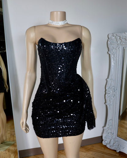 Strapless Corset Sequin Mini Dress with Asymmetrical Drape