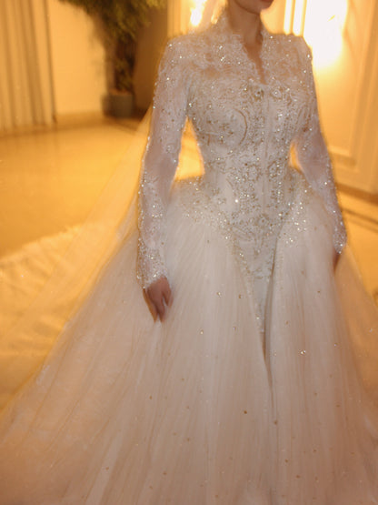 Beaded Lace Wedding Dress with Overskirt