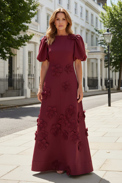 Floor-Length A-Line Dress with 3D Floral Appliqués