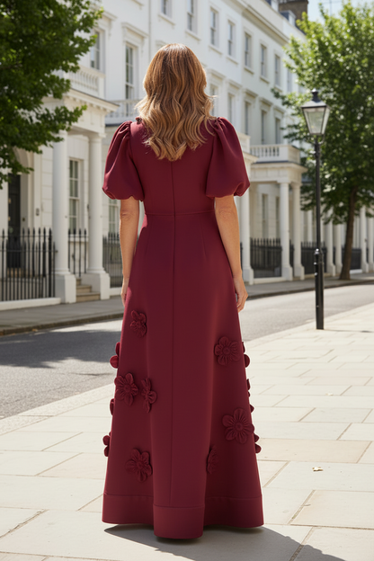 Floor-Length A-Line Dress with 3D Floral Appliqués