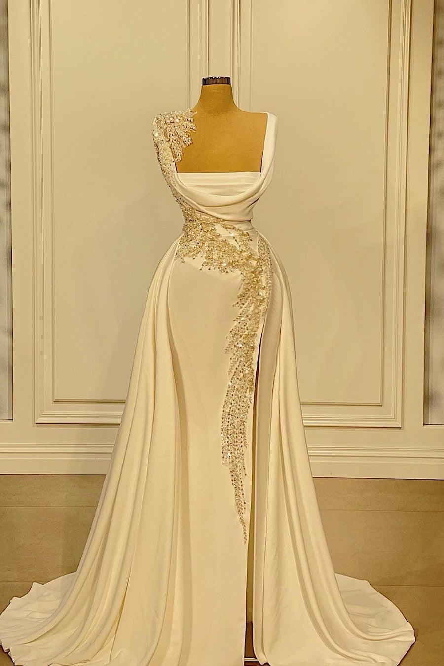 Beaded Draped Evening Gown with Overskirt