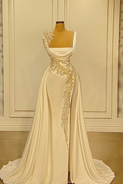 Beaded Draped Evening Gown with Overskirt