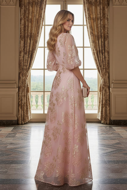 Metallic Floral Brocade A-Line Gown