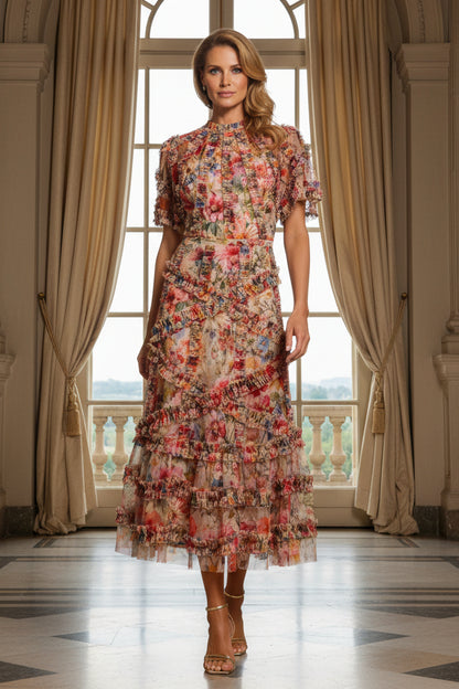 Floral Ruffled Tulle Tea-Length Dress
