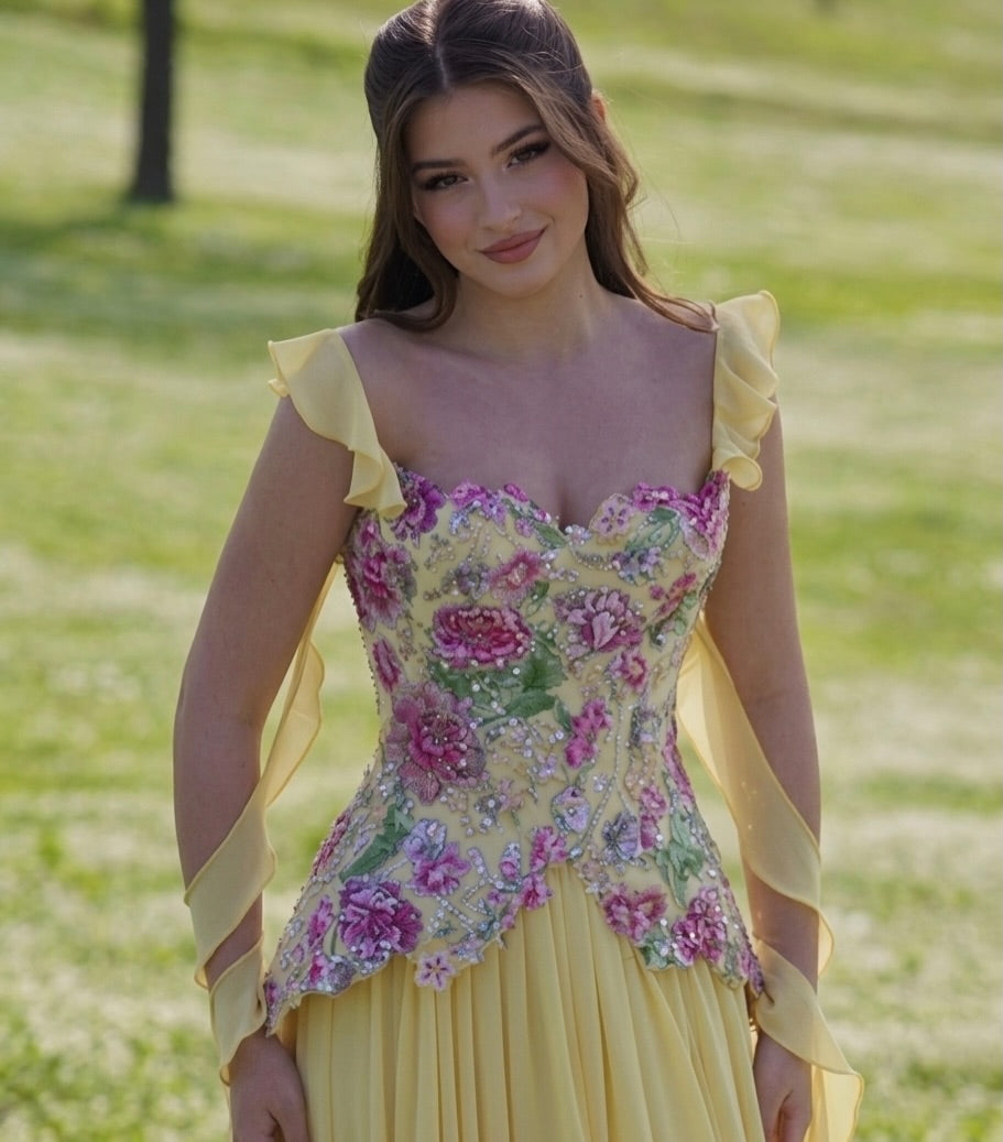 Romantic Floral Embroidered Chiffon A-Line Gown