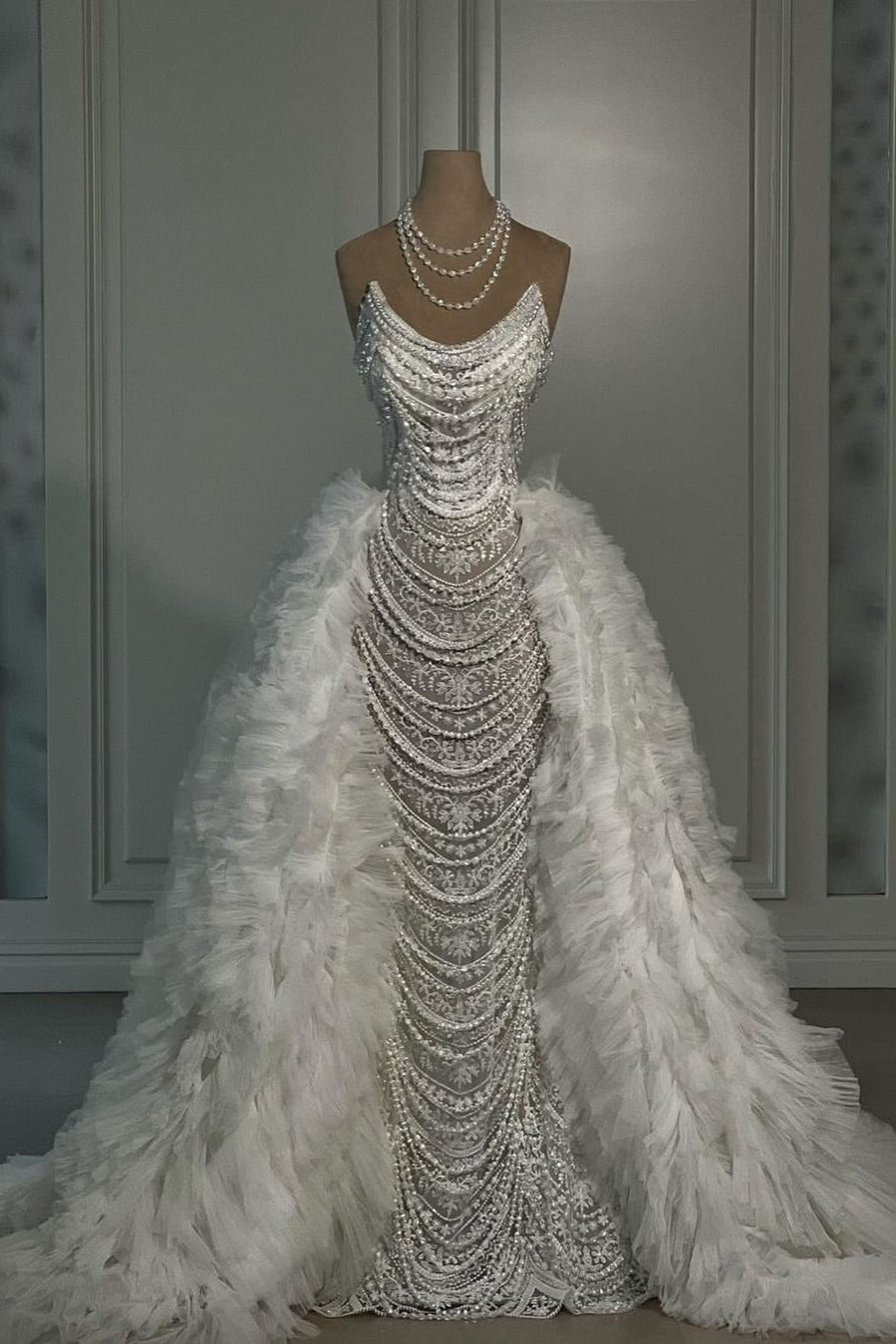 Beaded Pearl Sheath Gown with Ruffled Tulle Train