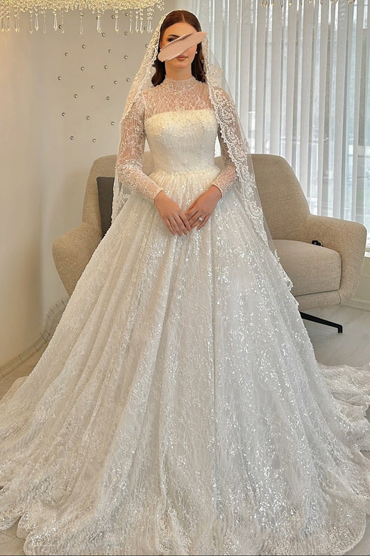 Illusion Long Sleeve Beaded Ball Gown Wedding Dress