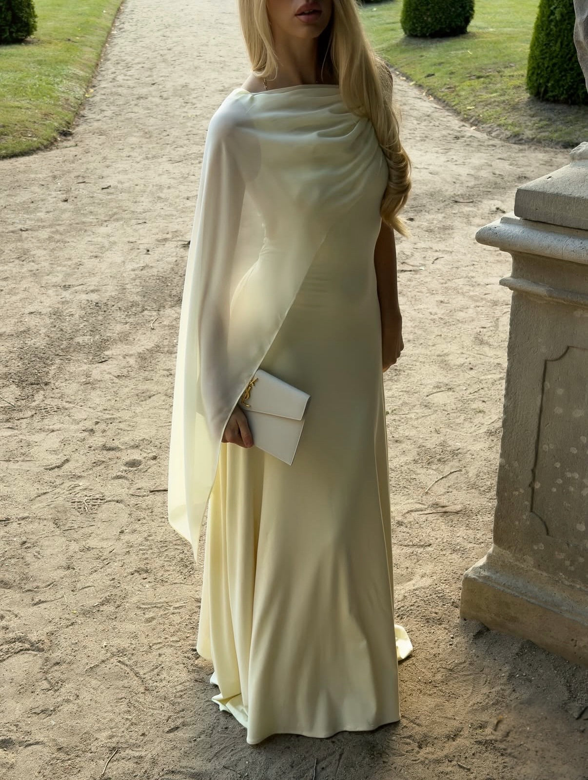 Asymmetrical Cape Draped Satin Evening Gown