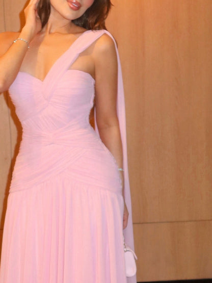 One-Shoulder Ruched Gown with Shoulder Drape
