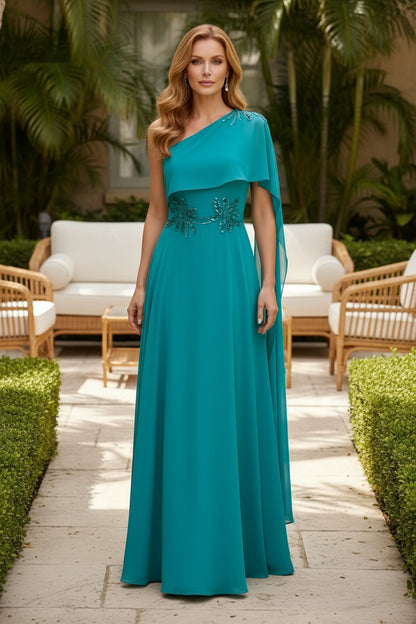 One-Shoulder Chiffon Gown with Cape
