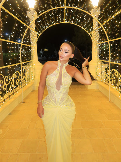 Halter Neck Corset Gown with Draped Skirt