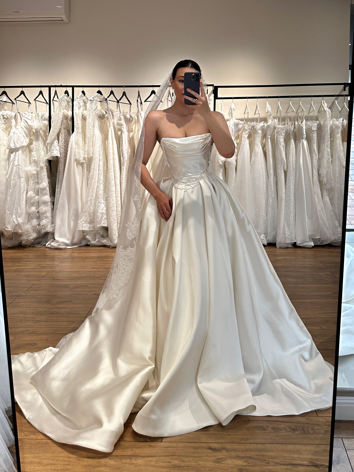 Strapless Pearl-Beaded Satin Ball Gown Wedding Dress
