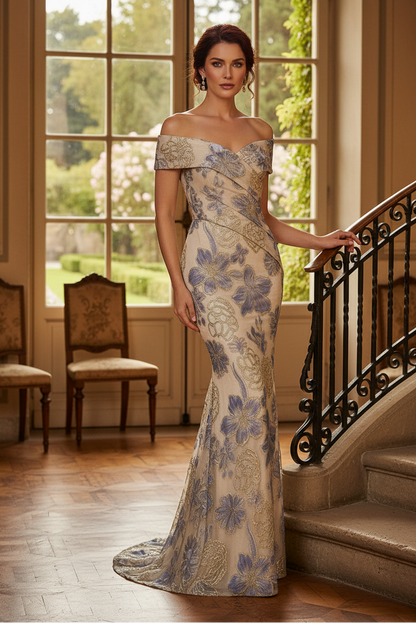 Off-The-Shoulder Floral Jacquard Evening Gown