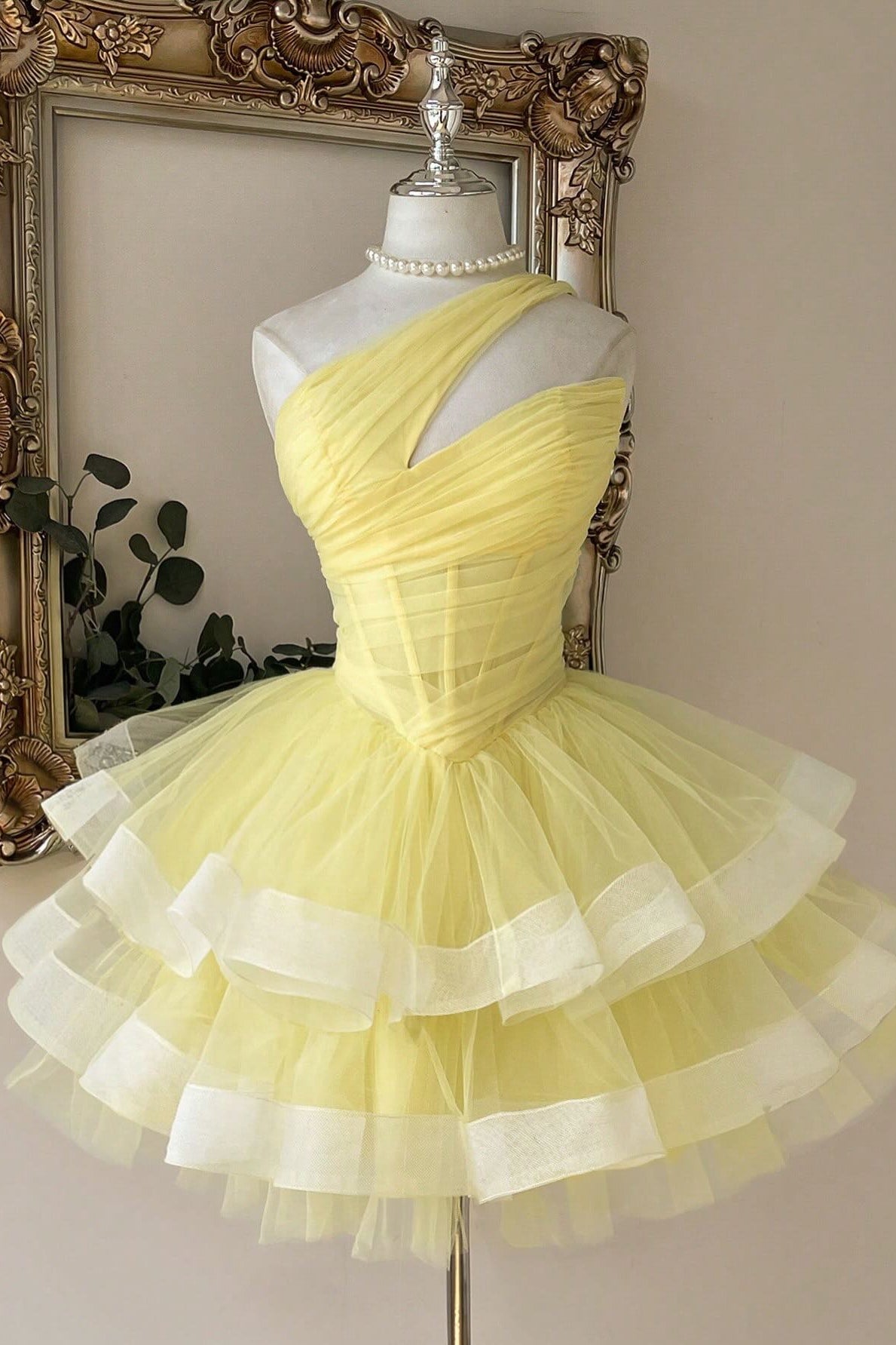 One-Shoulder Corset Tiered Tulle Mini Dress