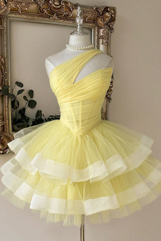 One-Shoulder Corset Tiered Tulle Mini Dress