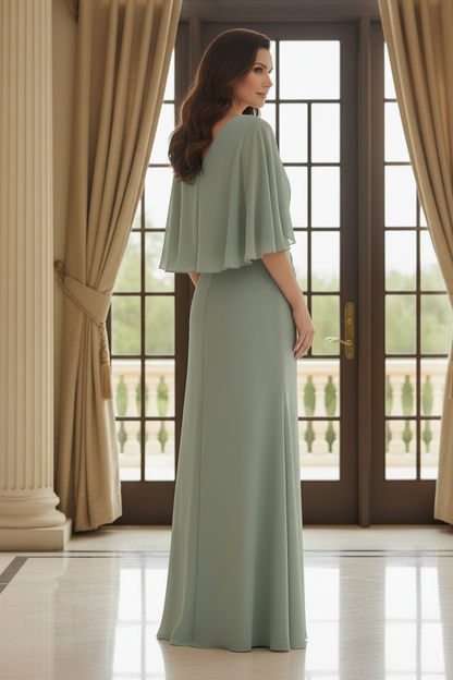 Flutter Sleeve Chiffon Evening Gown with Waist Brooch