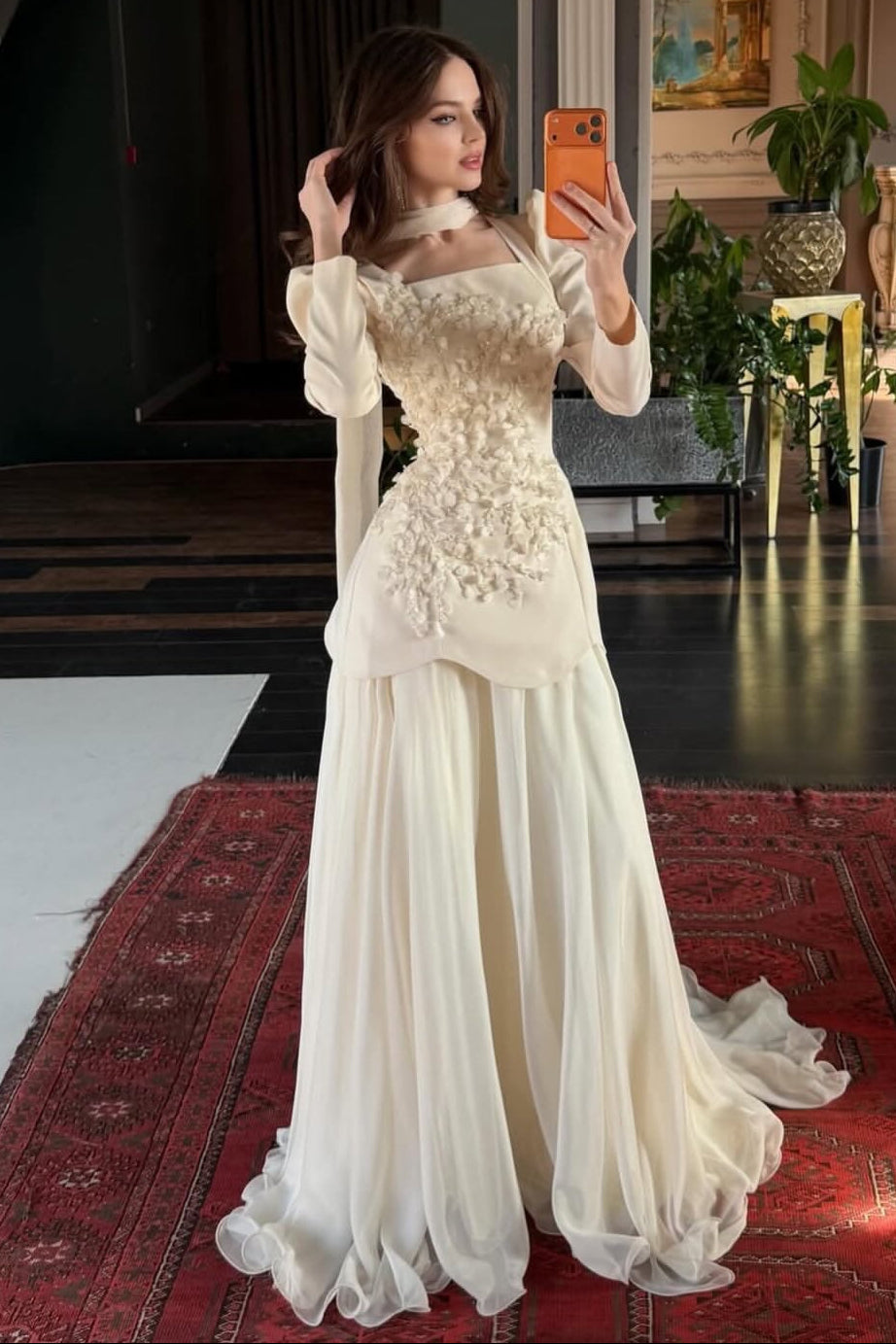 Floral Applique Long Sleeve Formal Gown