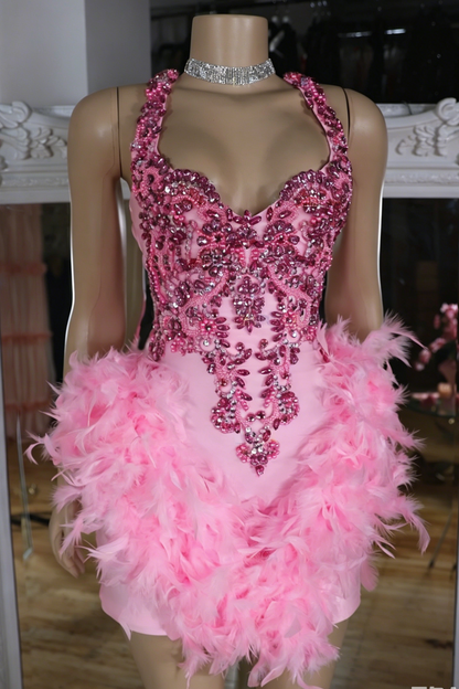 Crystal Beaded Halter Feather Mini Dress