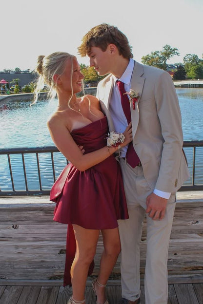 Strapless High-Low Satin Mini Dress with Bow Back